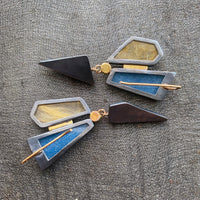 Geometric Earrings with Lazulite, Golden Rutilated and Chatoyant Grey Quartzes